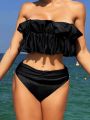 SHEIN Swim Y2GLAM Solid Color Pleated Ruffle Bandeau Bikini Set For Women