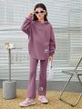 SHEIN Tween Girl Letter Patched Drop Shoulder Hoodie & Flare Leg Pants