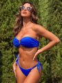 SHEIN Swim SXY Textured Bikini Set Ring Linked Bandeau Bra & Tie Side Cheeky Bottom 2 Piece Bathing Suit