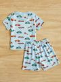 SHEIN Toddler Boys Car Print Tee & Shorts Snug Fit PJ Set