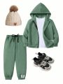 SHEIN Kids EVRYDAY Young Boy 1pc Slogan Patched Detail Zipper Up Hooded Sweatshirt & 1pc Sweatpants