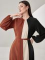 SHEIN Modely Women's Color Block Lantern Sleeve Dress With Belt