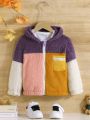 Young Girl Colorblock Zip Pocket Hooded Teddy Jacket Without Tee