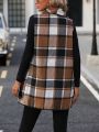 Plaid Print Waterfall Collar Vest Coat