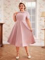 SHEIN DECDS Plus Size Vintage Elegant Plaid Splicing Doll Collar Short Sleeve A-Line Dress With Umbrella Hem