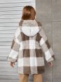 SHEIN Tween Girl Buffalo Plaid Pattern Drop Shoulder Hooded Teddy Coat