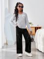 SHEIN Kids Cooltwn Girls' Casual Everyday Wide Leg Pants With Oblique Lines