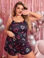 Letter Heart Print Plus Size Women's Pajama Set With Cami Top And Shorts