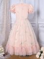 Tween Girls' Lovely Small Flower Embroidery & Mesh Splice Bubble Sleeve Dress