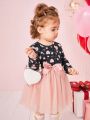 SHEIN Baby Girls' Casual Knitted Heart Pattern Splicing Mesh Long Sleeve Dress