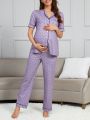 Maternity Polka Dot Print Short Sleeve Top With Rolled Edges And Long Pants Sleepwear Set