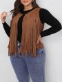 SHEIN CURVE+ Plus Fringe Trim Open Front Vest Jacket