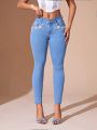 SHEIN BAE Pearl Beaded Skinny Jeans With Narrow Hem