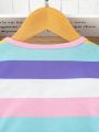 SHEIN Kids HYPEME Little Girls' Contrast Color Striped Cartoon Printed Dress