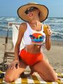 Women's Tropical Print Sleeveless Vest And Solid Color Triangle Bottom Bikini Set