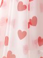 Little Girls' Love Heart Printed Mesh Splice Collar Bubble Sleeve Formal Dress