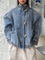 FRIFUL Women's Horn Button Drop-Shoulder Long Sleeve Denim Jacket