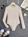 SHEIN Kids SUNSHNE Tween Girl Lettuce Trim Ribbed Knit Bodysuit