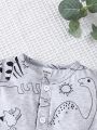 Baby Boys' Simple Cartoon Dinosaur Pattern Short Sleeve Romper With Round Neck For Summer