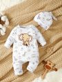 Baby Girl Elephant Print Jumpsuit & Hat