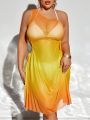 SHEIN Swim SXY Plus Size Gradient Asymmetrical Neckline Cover Up With Waist Drawstring And Hollow Out Design