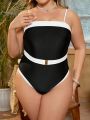 SHEIN Swim Chicsea Plus Size Women's Color Block One-Piece Swimsuit With Thin Straps