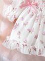 SHEIN Newborn Baby Girls' Floral Print Doll Collar Long Sleeve Dress