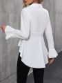 Flare Sleeve Fold Pleated Detail Peplum Blouse