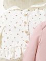 SHEIN 3pcs Newborn Baby Girls' Floral Pattern Round Neck Long Sleeve With Hooded Jacket And Footed Pants Set