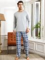 Men'S Plain Long Sleeve T-Shirt And Checked Long Pants Homewear