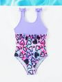 Young Girls' One Piece Swimsuit With Heart Print And Bow Decoration