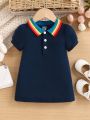 Cute Polo Collar Bubble Sleeve Short Sleeve Dress In Colorful For Baby Girl, Spring & Summer Casual