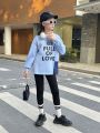 SHEIN Girls' Cute & Cool Knitted Printed Pattern Round Neck Pullover Sweatshirt With Long Sleeves