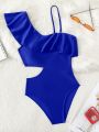 Cut Out Ruffle Trim Asymmetrical Neck One Piece Swimsuit