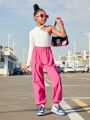SHEIN Kids Cooltwn Tween Girls Casual Knitted Monochrome Single-Shoulder Long Sleeve Top With Elastic Cuffs And Tied Feet Overalls Trousers