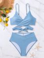 SHEIN Swim Vcay Solid Bikini Set Crisscross Tie Back Bra & Overlap High Waisted Bottom 2 Piece Bathing Suit