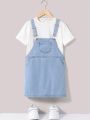 SHEIN Tween Girls' Light Blue Short Denim Overall Dress For Spring And Summer