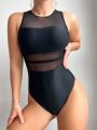 Mesh Insert & Hollow Out Back One Piece Swimsuit