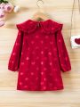 Young Girl Heart Print Statement Collar Lantern Sleeve Dress