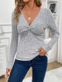 Women's Twist Knot Ribbed Long Sleeve T-shirt