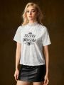 HOUSE OF THE DRAGON X SHEIN Contrast Lace High Neck Short Sleeve Letter Print T-Shirt