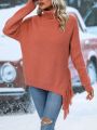 Turtleneck Fringe Trim Drop Shoulder Sweater