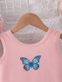 SHEIN Young Girl Butterfly Print Tank Top & Drawstring Front Skirt Set