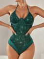 Sequin Underwire Halter Teddy Bodysuit