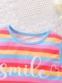 SHEIN Kids QTFun Little Girls' Rainbow Striped Vest Top With Heart And Letter Print