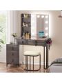 Gurexl Vanity Desk with Wireless Charging Station, Dressing Table with Lighted Mirror & 3 Lighting Modes Adjustable Brightness, Glass Top Makeup Vanity Table Set with 6 Drawers & Stool