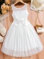 Tween Girls' Sweet White Mesh Dress With Heart Print For Summer
