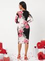 SHEIN Lady Women'S Floral Print Cold-Shoulder Slim Fit Dress