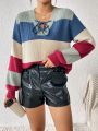 SHEIN Essnce Color Block Lace Up Front Sweater