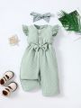 Baby Girls' Casual Jumpsuit With Cap Sleeves And Bowknot Decoration Pants